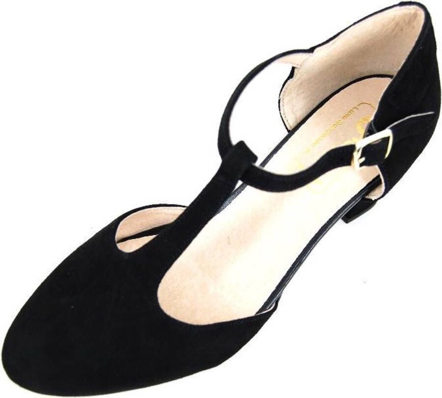Stravers Grote Maten Schoenen Stravers Pumps met T-Bandje Zwart Suede Grote Maten Damesschoenen