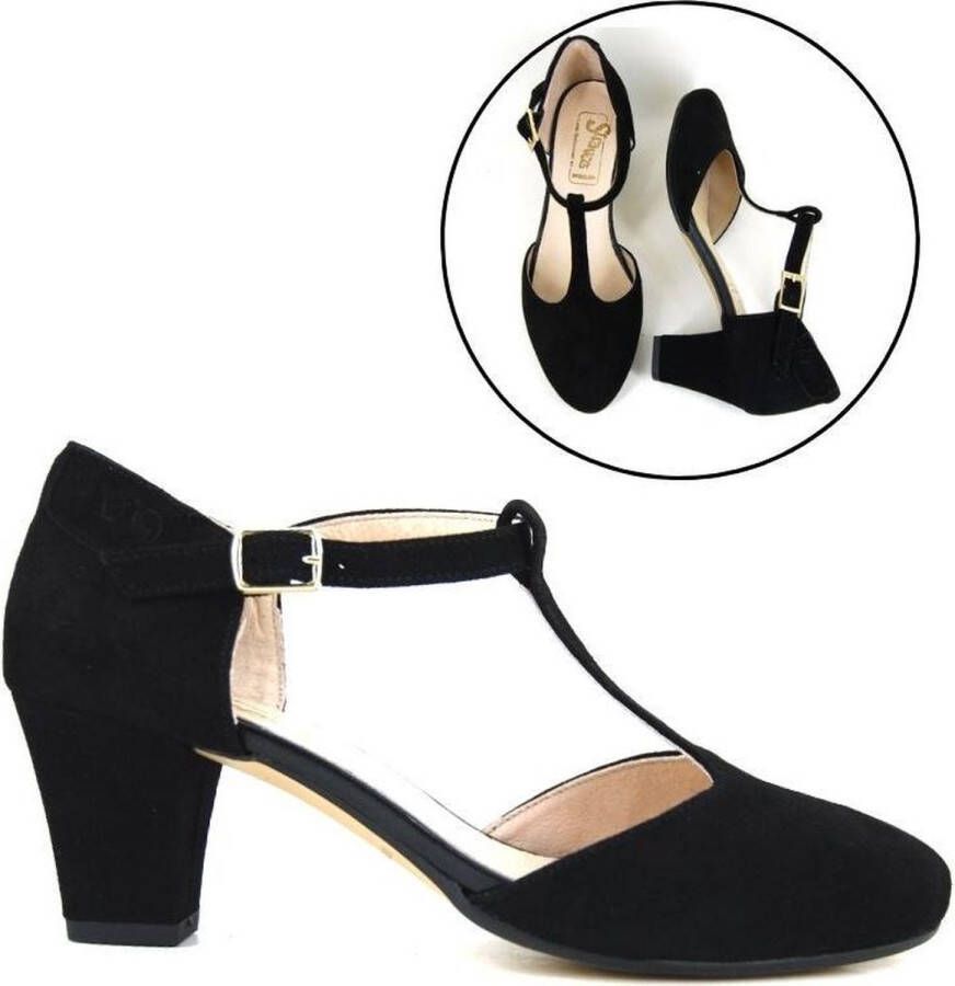 Stravers Grote Maten Schoenen Stravers Pumps met T-Bandje Zwart Suede Grote Maten Damesschoenen