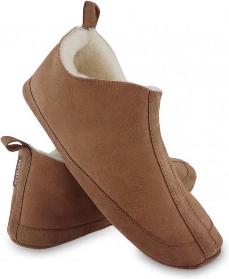 Texelana sloffen en pantoffels voor dames & heren pantoffel van schapenvacht model Katja cognac