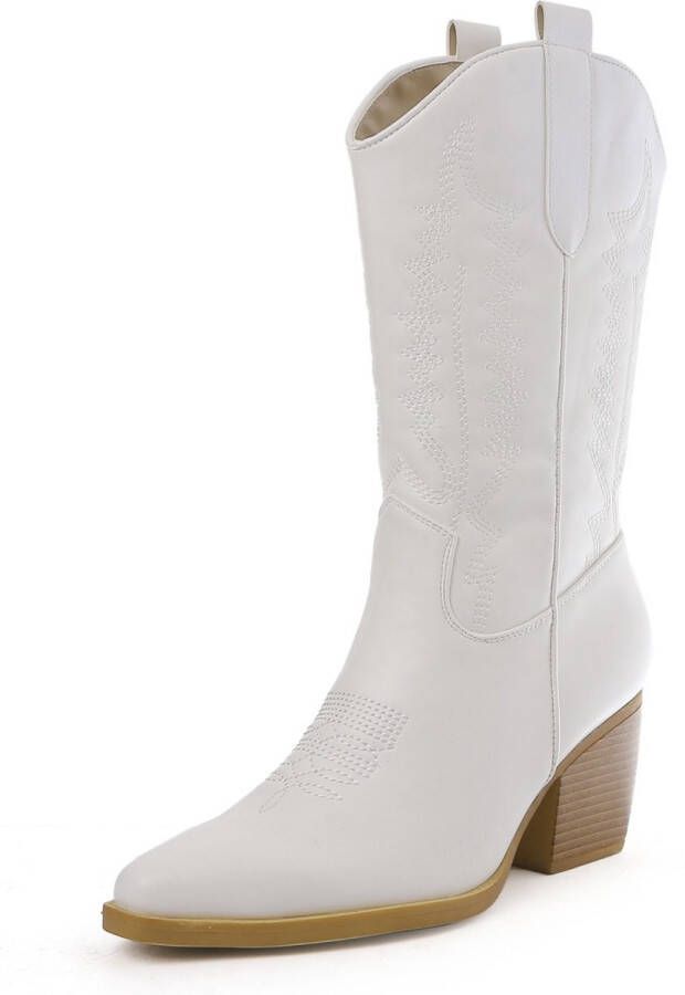 Weloveshoes SmileFavorites Dames Cowboylaarzen met Hak Imitatieleer Wit