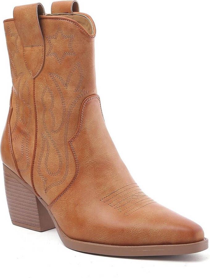 Weloveshoes Black Friday Deal Dames Cowboylaarzen met Hak Kort Imitatieleer Camel - Foto 3