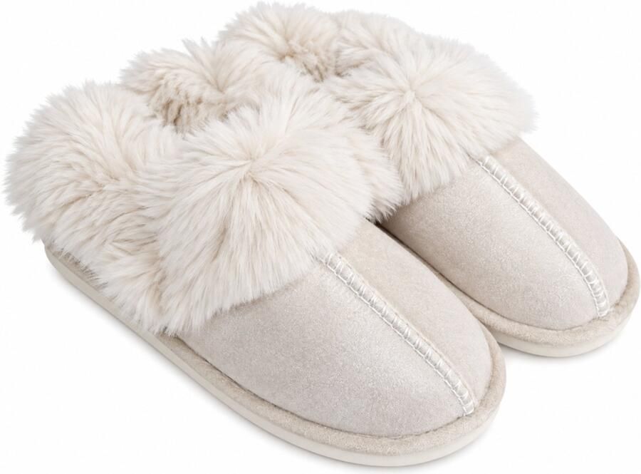 FB Pro Beige dames pantoffels met nepbont Sloffen roze met nepbonte voering Dames slippers met nepbont Antislip zool! Nepbonte binnenkant voor maximaal comfort!