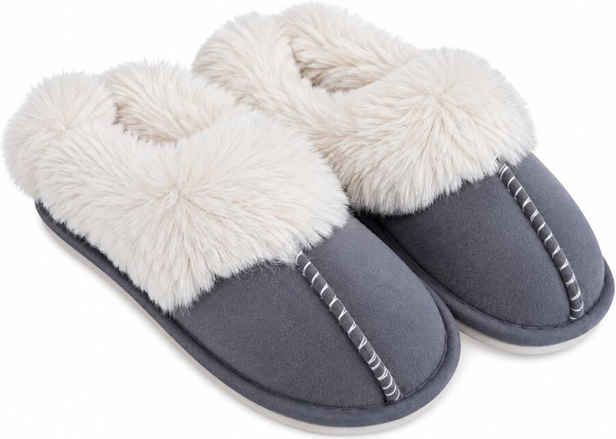Donker grijze dames pantoffels met nepbont Sloffen grijs met nepbonte voering Dames slippers met nepbont Antislip zool! Nepbonte binnenkant voor maximaal comfort!