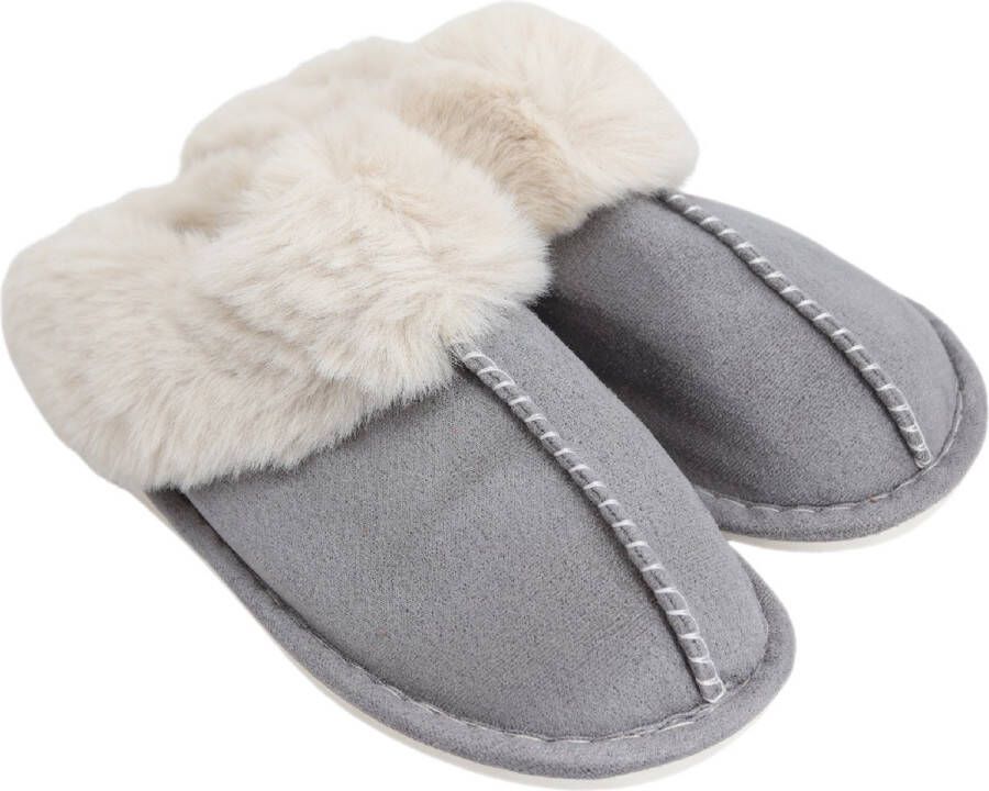 FB Pro Grijze dames pantoffels met nepbont Sloffen grijs met nepbonte voering Dames slippers met nepbont Antislip zool! Nepbonte binnenkant voor maximaal comfort!