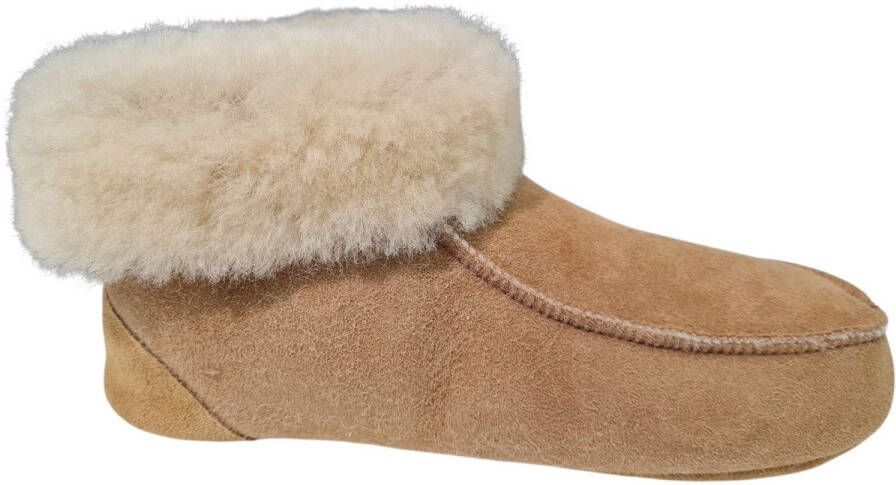 Fellhof Hütten gevoerde pantoffels dames en heren lichtbruin merinowol veloursleer warme pantoffels wollen pantoffels sloffen verstevigde zool