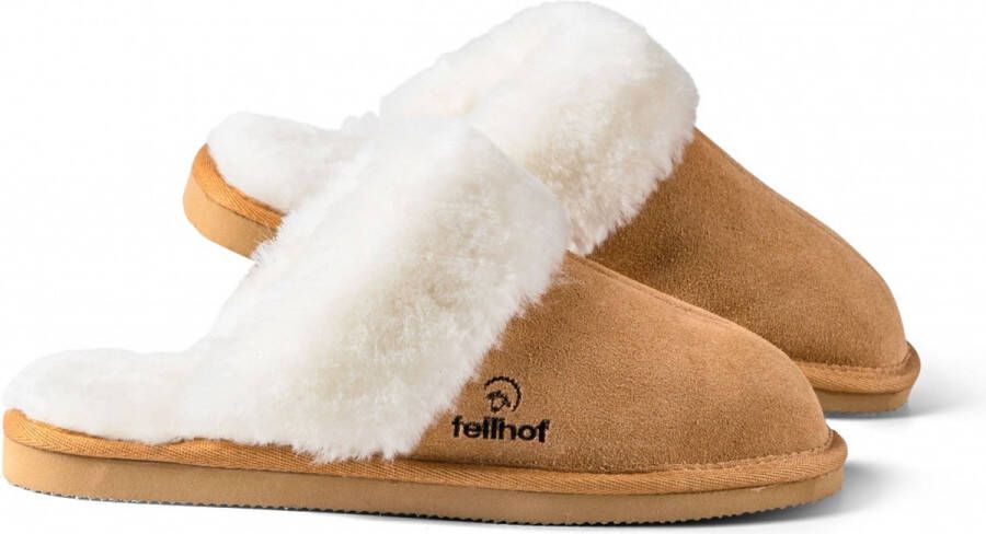 Fellhof Warme met wol gevoerde leren Komfort pantoffels dames hellbraun