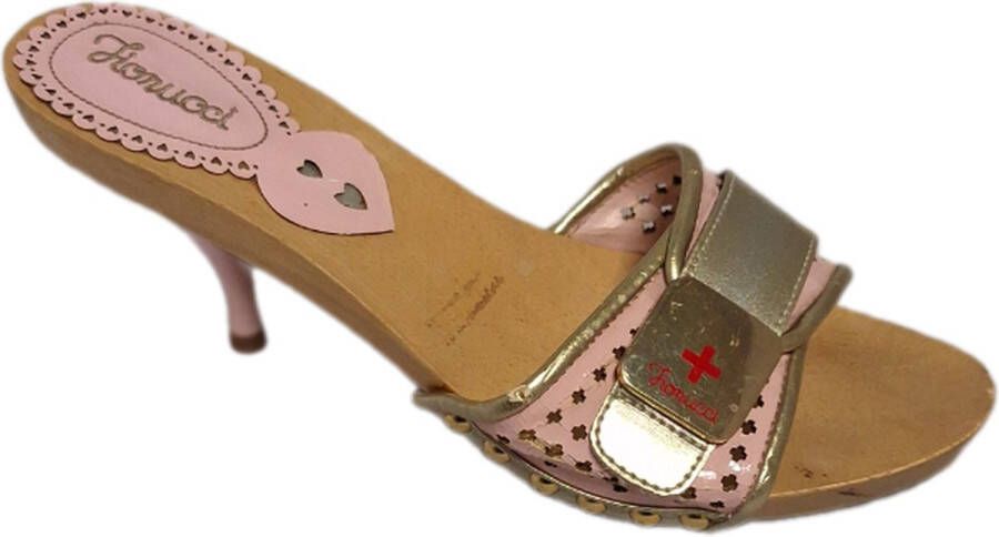 FIORUCCI -MUILTJE-WOODEN SOLE-LEDERLOOK UPPER-PINK