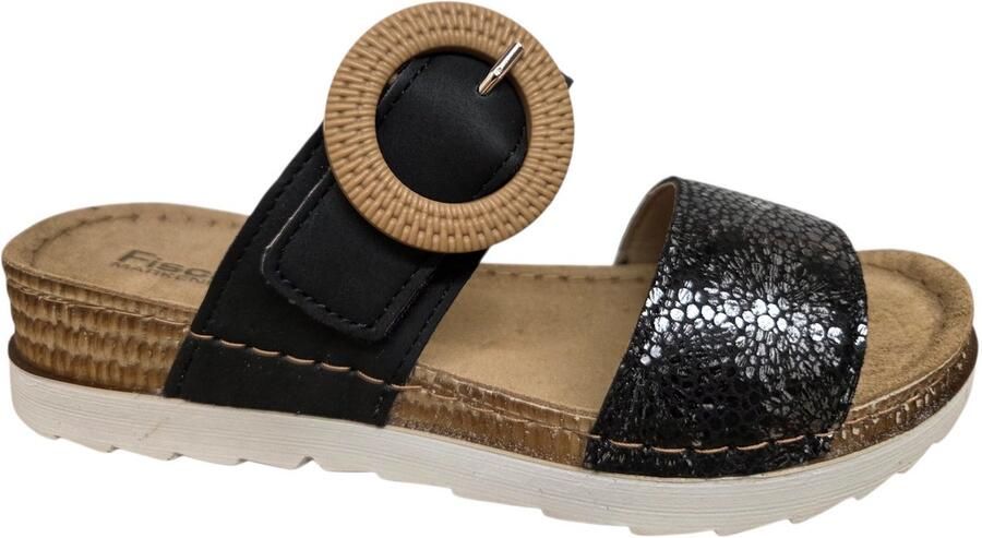 Fischer 556207 222 Slippers Zwart met Print Leer Dames Zwart