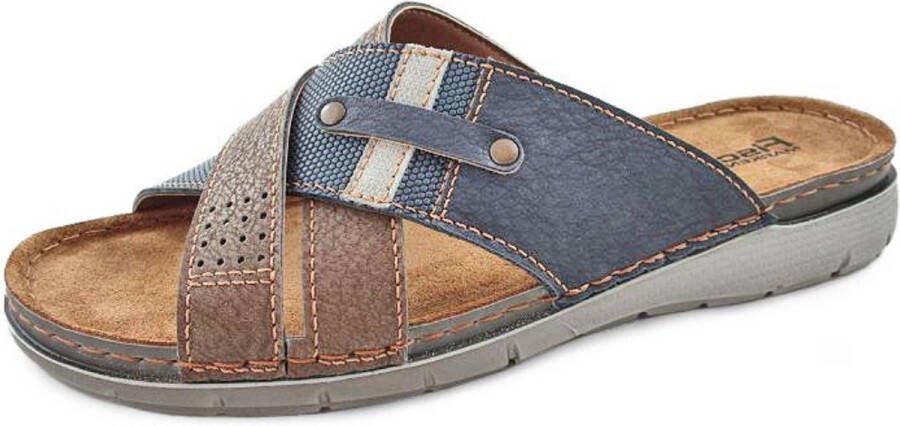 Fischer Slide Heren Slippers Blauw Bruin Leer