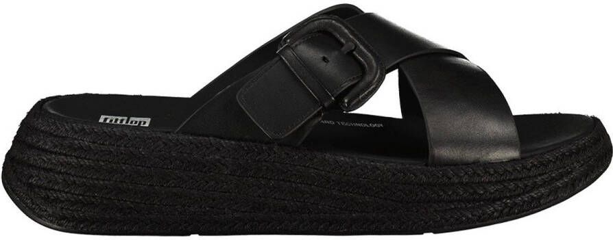FitFlop F-mode Espadrille Buckle Leather Flatform Slides Slippers Zwart Vrouw
