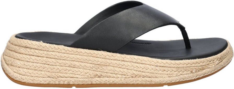 FitFlop F-Mode Espadrille Leather Flatform T Post Sandals ZWART