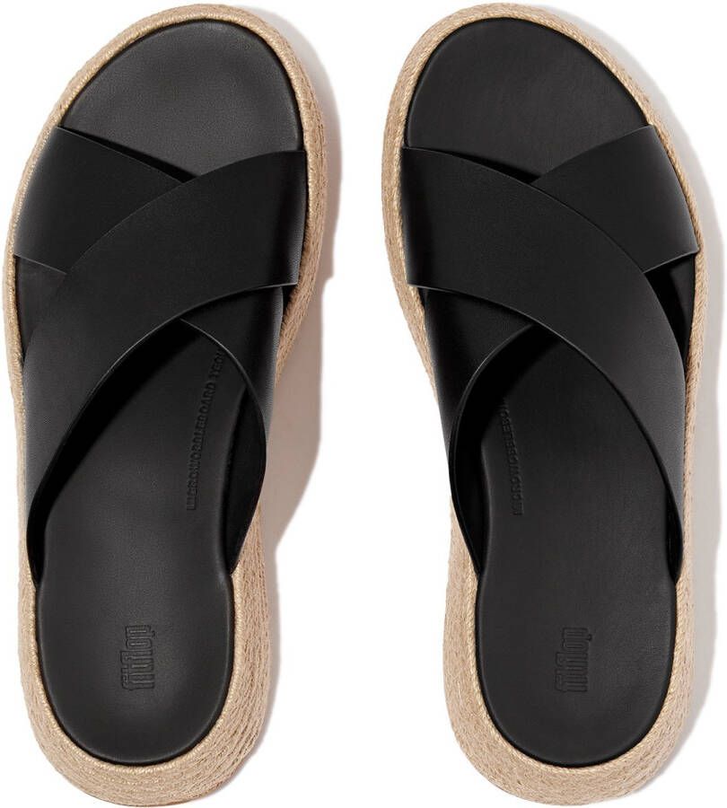FitFlop F-Mode Espadrille Leather Flatform Cross Slides ZWART