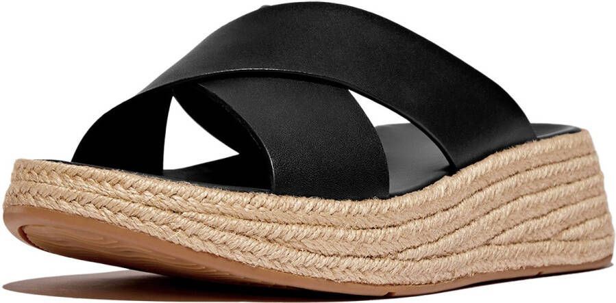 FitFlop F-Mode Espadrille Leather Flatform Cross Slides ZWART