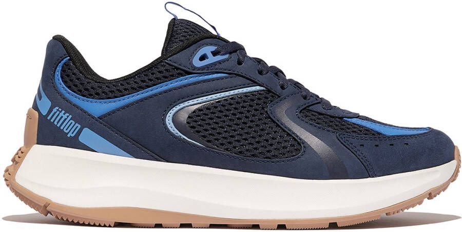 FitFlop F-Mode Flow Suede Mesh Leather Flatform Sneakers BLAUW