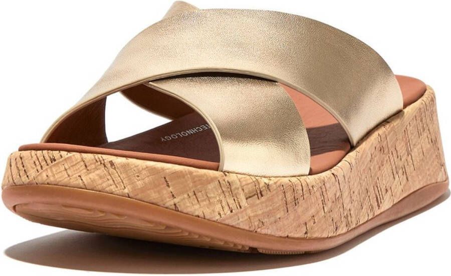 FitFlop F-Mode Metallic Leather Cork Flatform Cross Slides GOUD