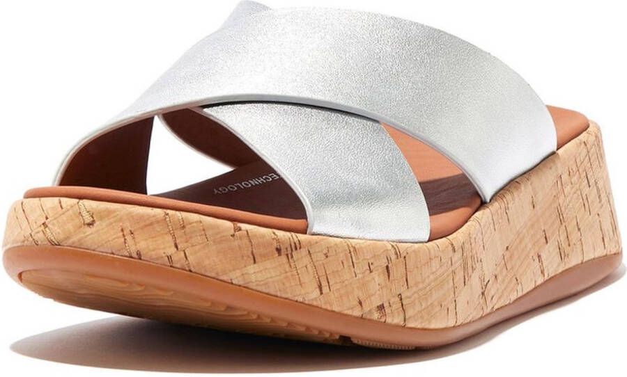 FitFlop F-Mode Metallic Leather Cork Flatform Cross Slides ZILVER