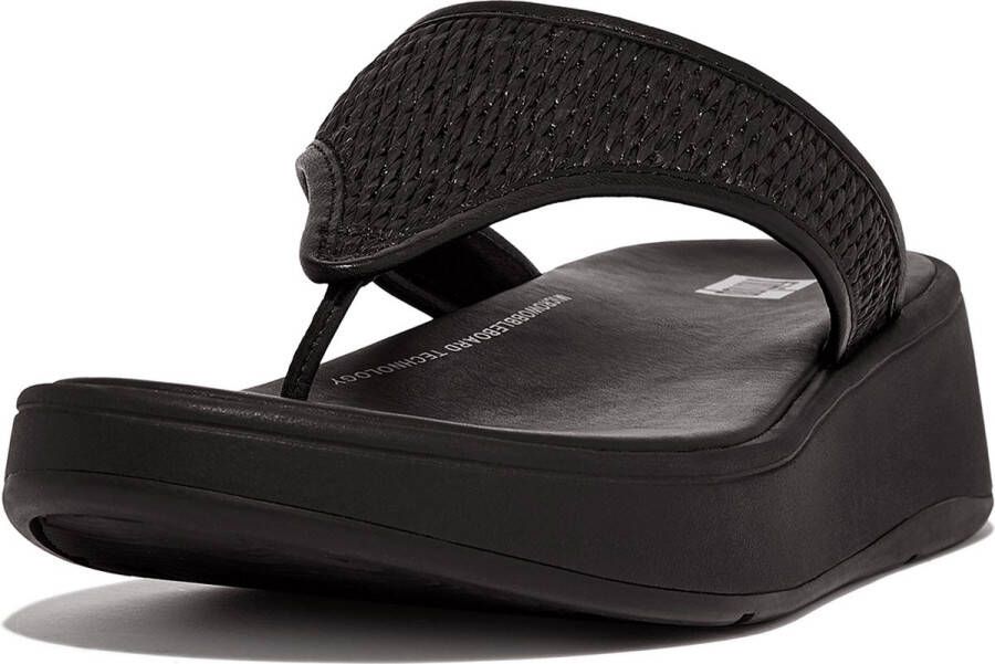 FitFlop F-Mode Woven-Raffia Flatform Toe-Post Sandals ZWART