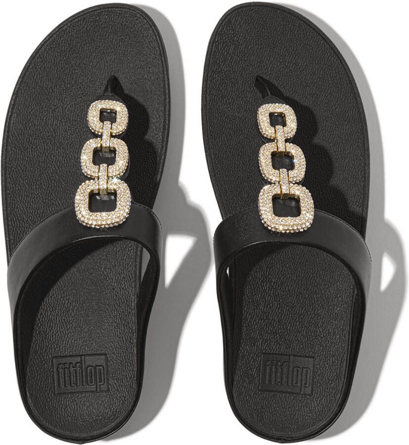 FitFlop Fino Crystal-Chain Leather Toe-Post Sandals ZWART