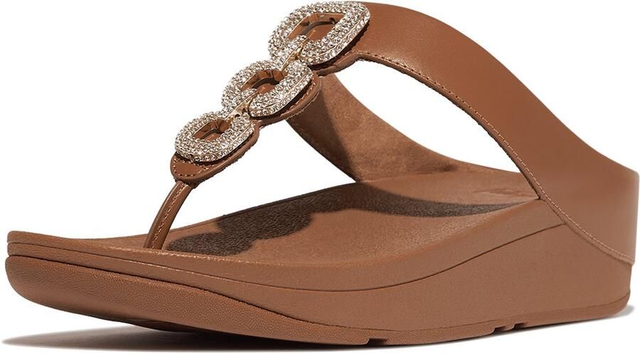 FitFlop Damen Flip Flops Fino Crystal-Chain Leather Toe-Post Sandals HX2 Deep Tan