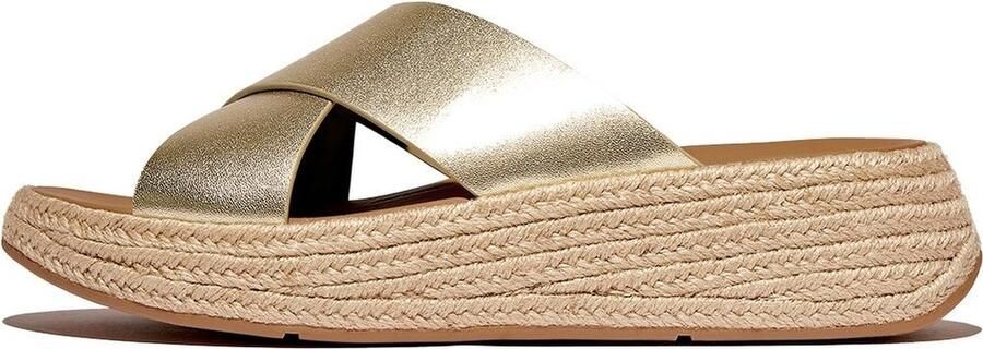 FitFlop F-Mode Espadrille Leather Flatform Cross Slides GOUD