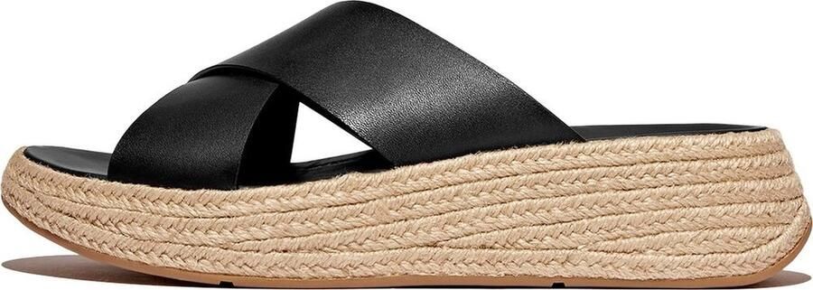 FitFlop F-Mode Espadrille Leather Flatform Cross Slides ZWART