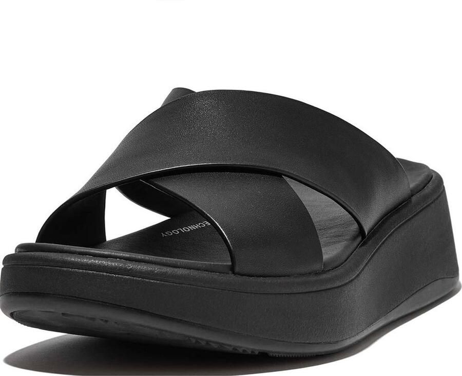 FitFlop F-Mode Leather Flatform Cross Slides ZWART - Foto 4