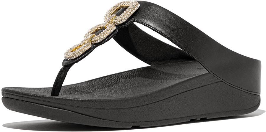 FitFlop Fino Crystal-Chain Leather Toe-Post Sandals ZWART