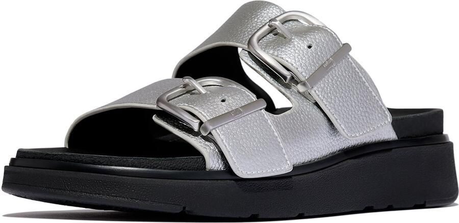 FitFlop Gen-FF Buckle Tumbled-Leather Two-Bar Slides ZILVER