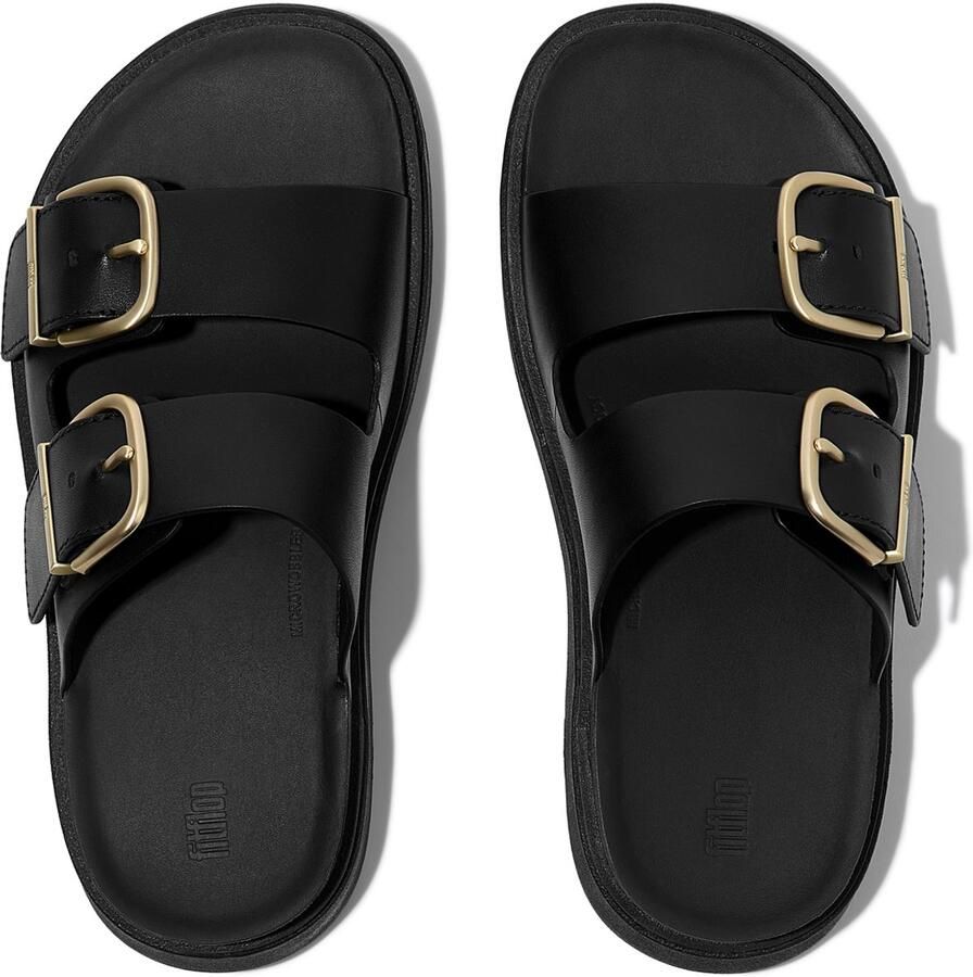 FitFlop Gen-FF Buckle Two-Bar Leather Slides ZWART