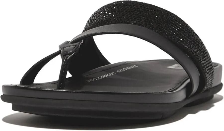 FitFlop Gracie Crystal Leather Strappy Toe-post Slippers Zwart Vrouw