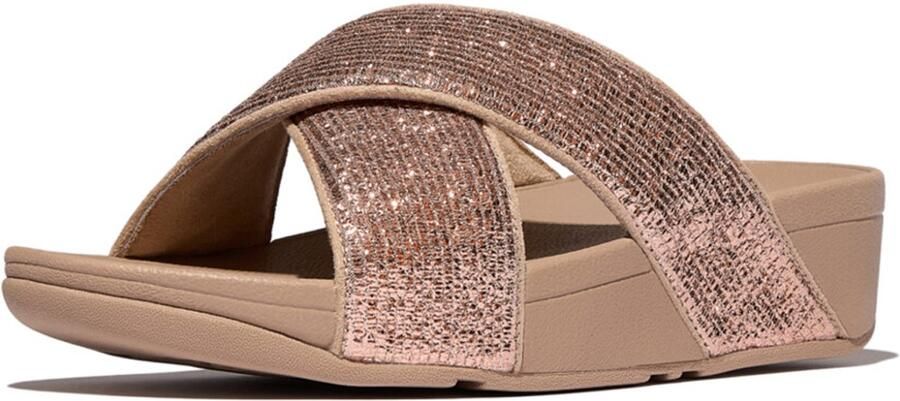 FitFlop Lulu Crinkled-Shimmer Cross Slides BEIGE