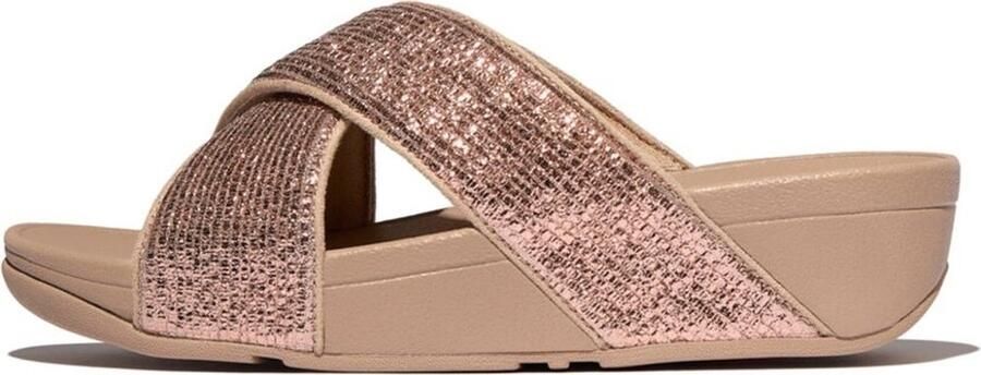 FitFlop Lulu Crinkled-Shimmer Cross Slides BEIGE