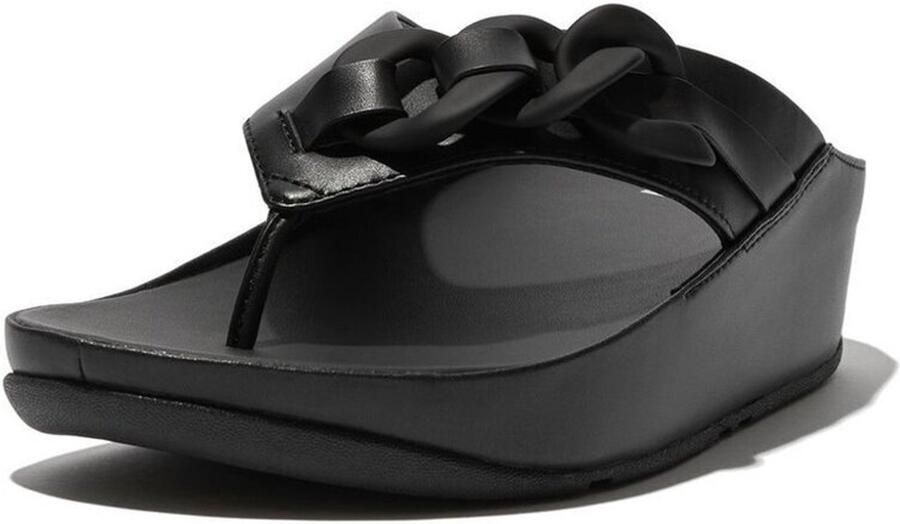 FitFlop Opalle Rubber-Chain Leather Toe-Post Sandals ZWART
