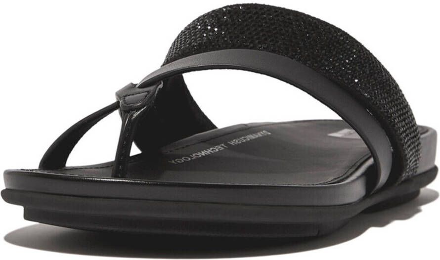 FitFlop Gracie Crystal Leather Strappy Toe-post Slippers Zwart Vrouw