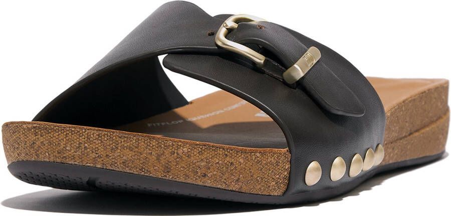 FitFlop Iqushion Adjustable Buckle Leather Slides BRUIN