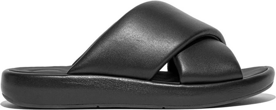 FitFlop Iqushion D-Luxe Padded Leather Cross Slides ZWART