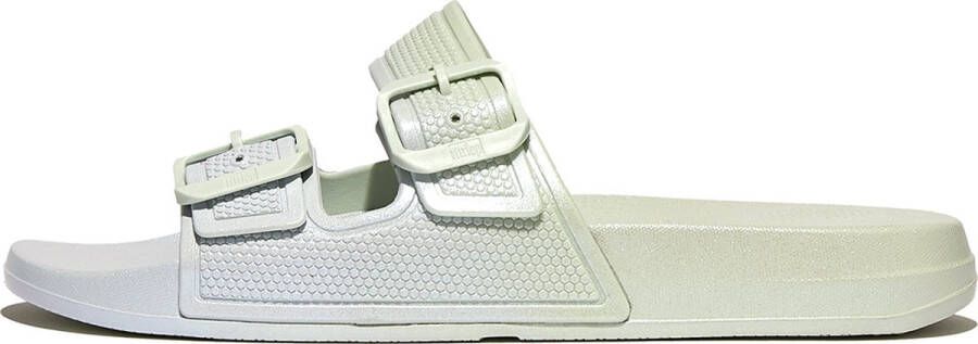 FitFlop Iqushion Iridescent Two-Bar Buckle Slides GROEN