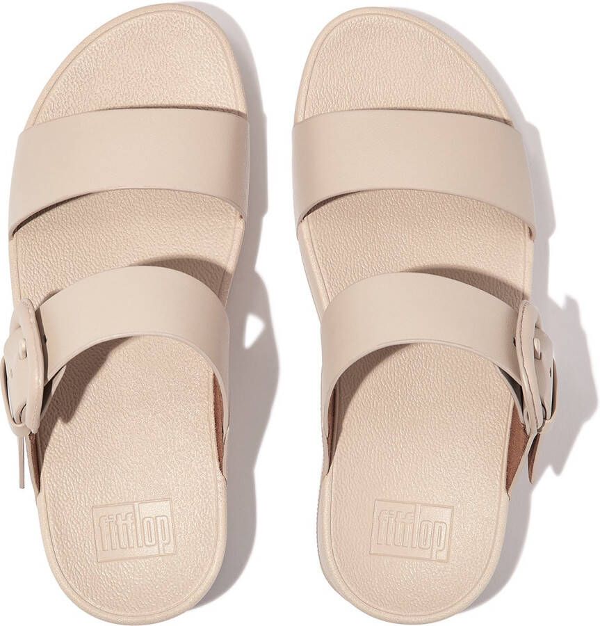 FitFlop Lulu Covered-Buckle Raw-Edge Leather Slides BEIGE