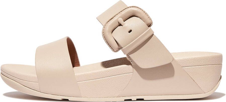 FitFlop Lulu Covered-Buckle Raw-Edge Leather Slides BEIGE