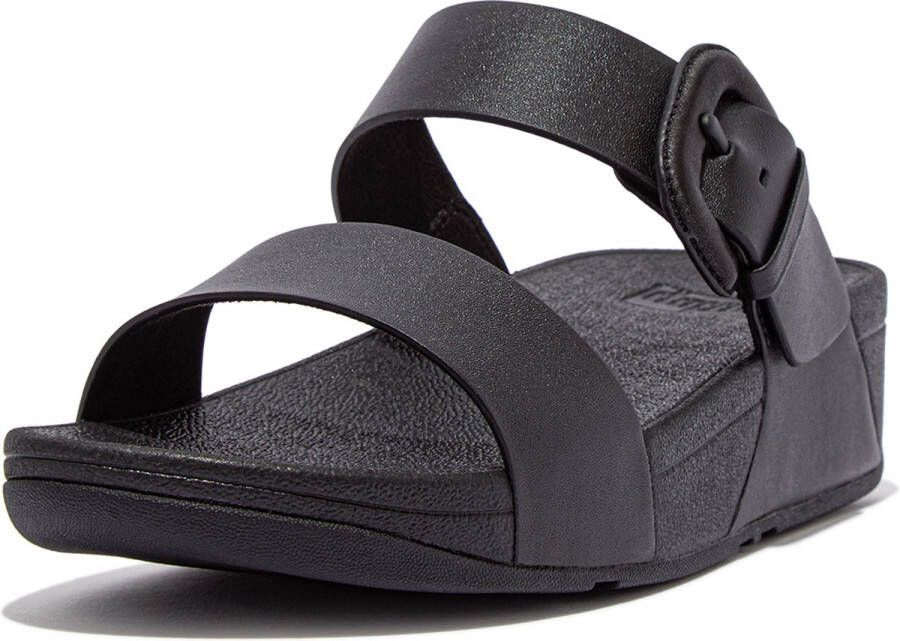 FitFlop Lulu Covered-Buckle Raw-Edge Leather Slides ZWART