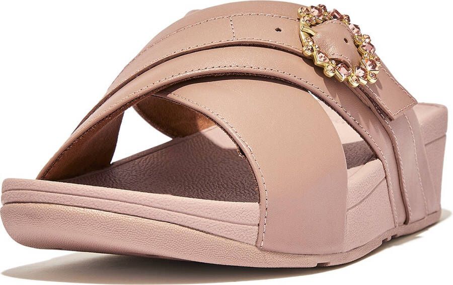 FitFlop Lulu Crystal-Buckle Leather Cross Slides BEIGE