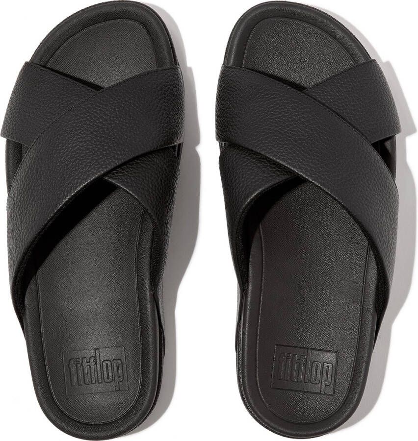 FitFlop Surfer Mens Tumbled-Leather Cross Slides ZWART
