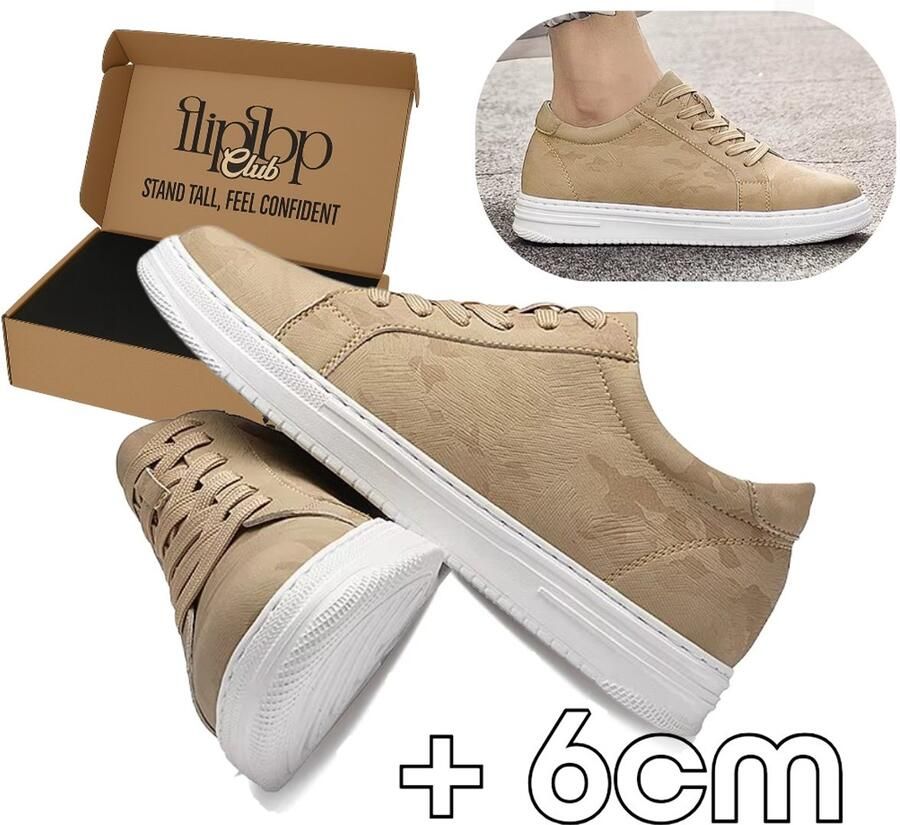 Flipflop Club Verhogende Sneakers Heren (43) + Lengte Onzichtbare Verhoging Comfort Sneakers Kunstleer Casual Schoenen Beige