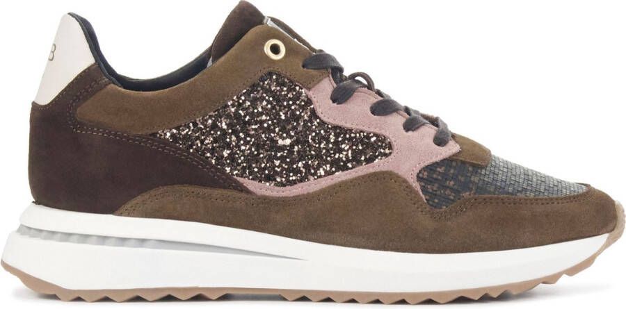 Floris van Bommel Sneakers Dames Lage sneakers Damesschoenen Suede SFW 10119 Glitter Bruin combi Schoenen
