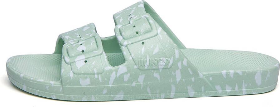 Freedom Moses Slippers Slides Vegan White Terrazzo Sage Groen