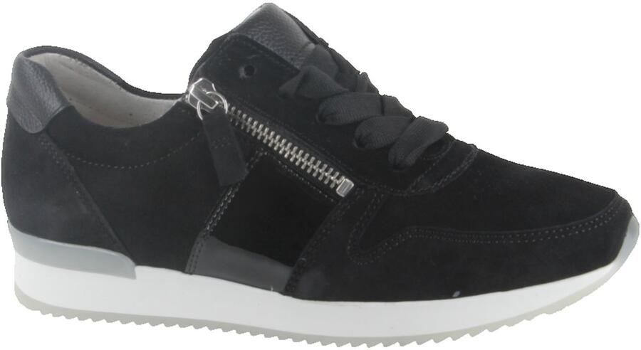 Gabor Sneaker Zwart Suede Lak Witte Zool Veter 2 Ritsen