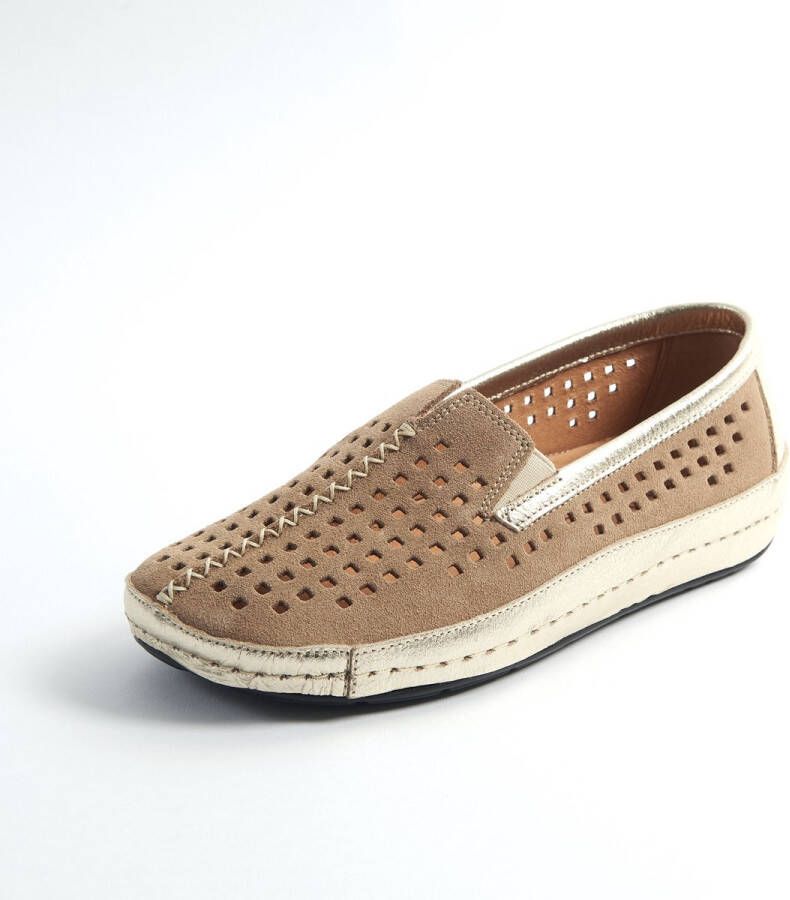 Gabylou Geperforeerde mocassin comfort leer instapper Brede voet H Model Sylvie Taupe Doré