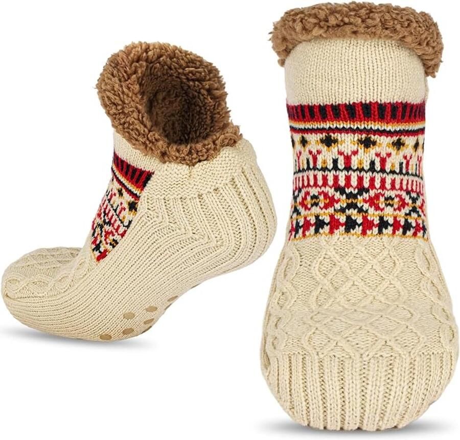 Gebreide pantoffels voor dames comfortabele sokken van sherpa-fleece antislipsokken winterse pantoffels voor binnen geschikt voor de meeste maten van 38 tot 42 (Khaki kleur