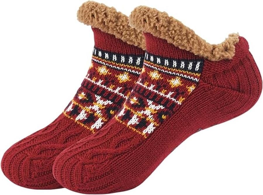 Gebreide pantoffels voor dames comfortabele sokken van sherpa-fleece antislipsokken winterse pantoffels voor binnen geschikt voor de meeste maten van 38 tot 42 (Rood
