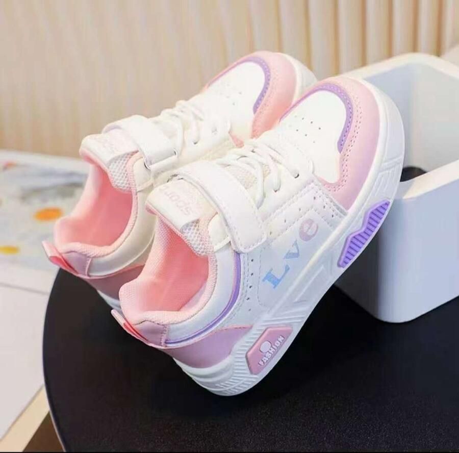 TK-S Kleuterschoenen klittenband met veter wit-roze-paars tot